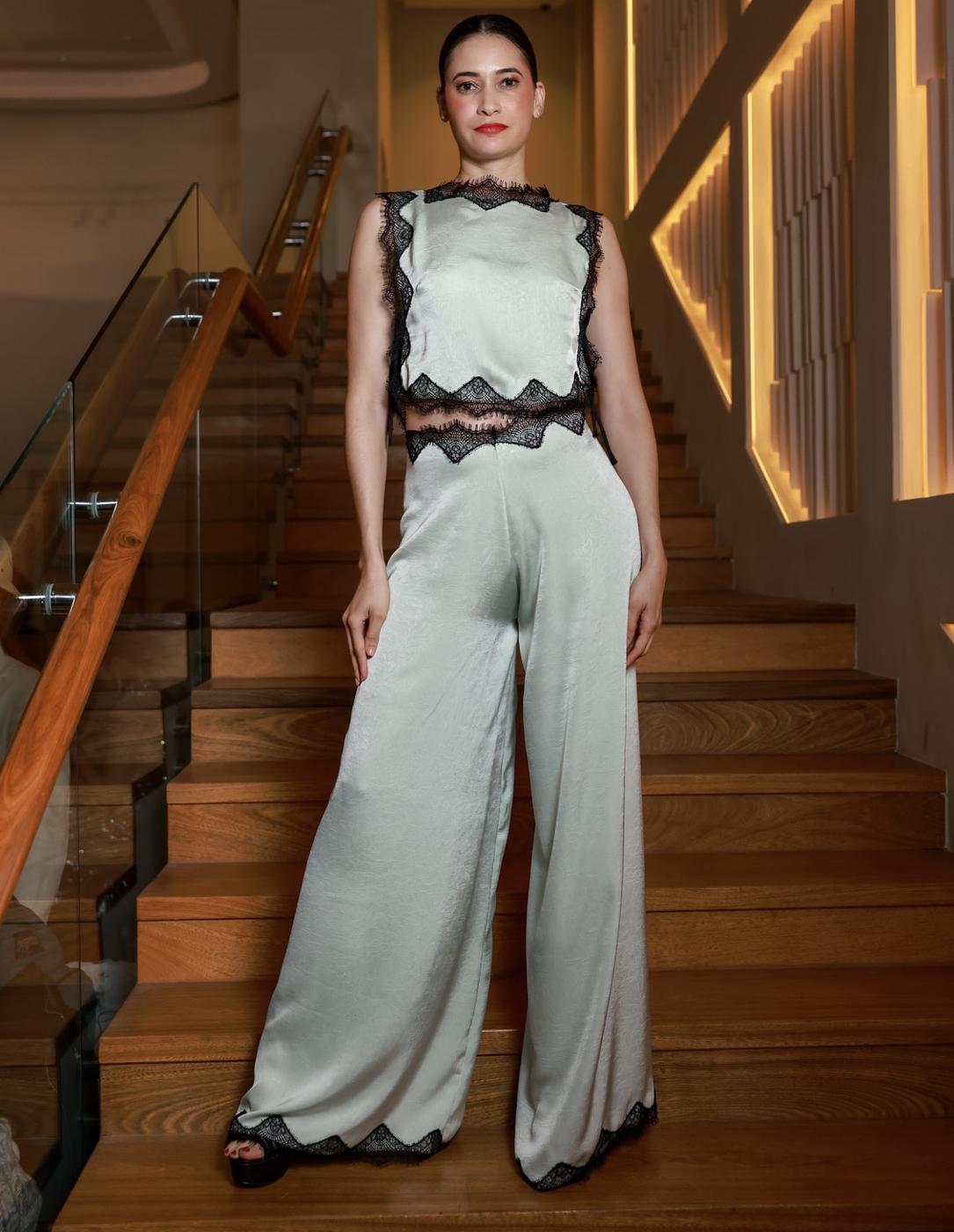 Odette Mint Satin & Black Chantilly Co-ord