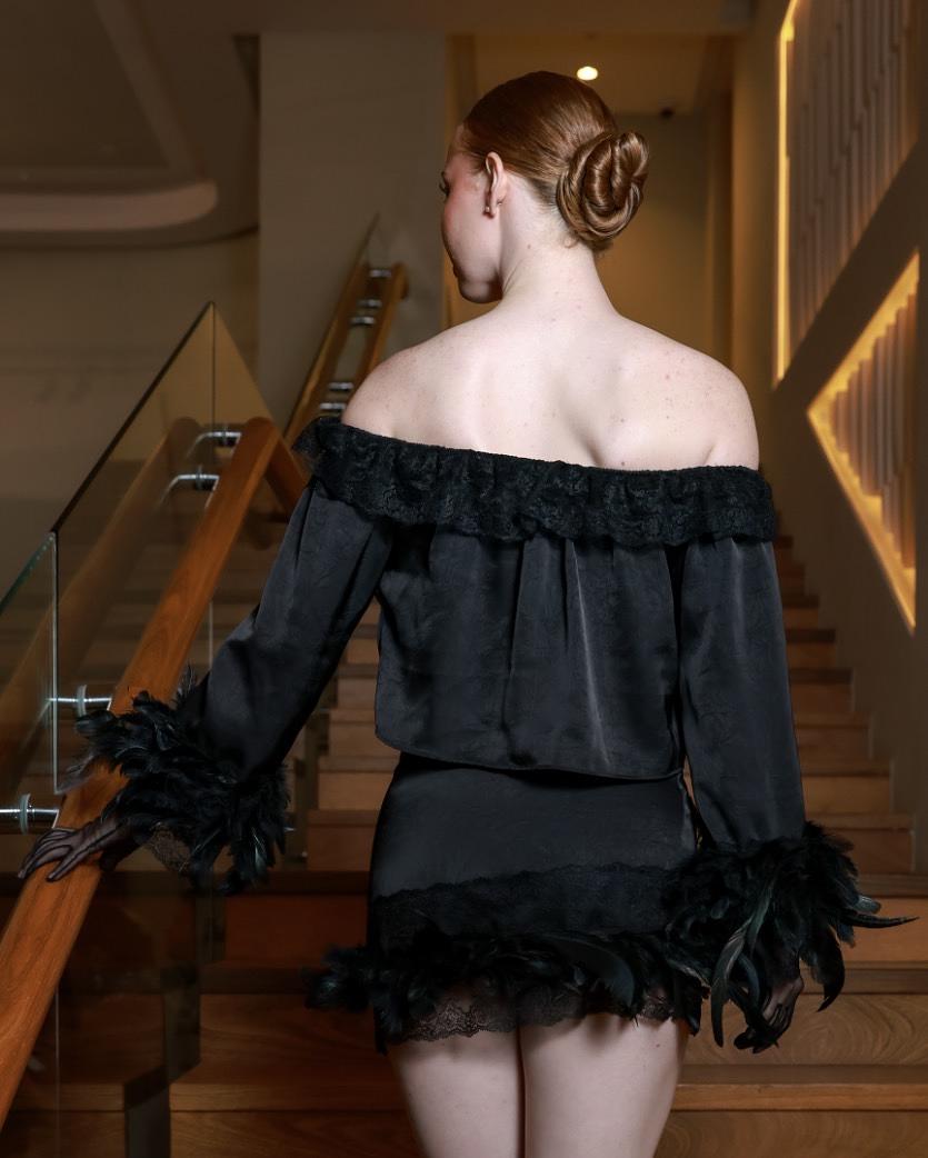 Noir Bardot Off Shoulder Feather Co-ord - Image 3