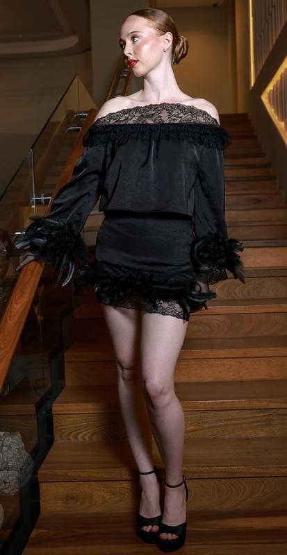 Noir Bardot Off Shoulder Feather Co-ord