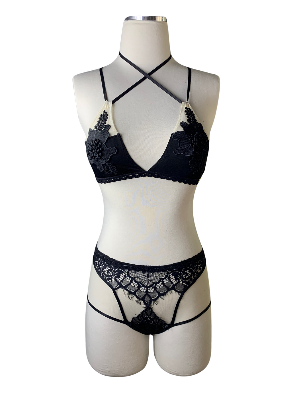 Onyx Crossed Lace & High Waisted Lingerie Set