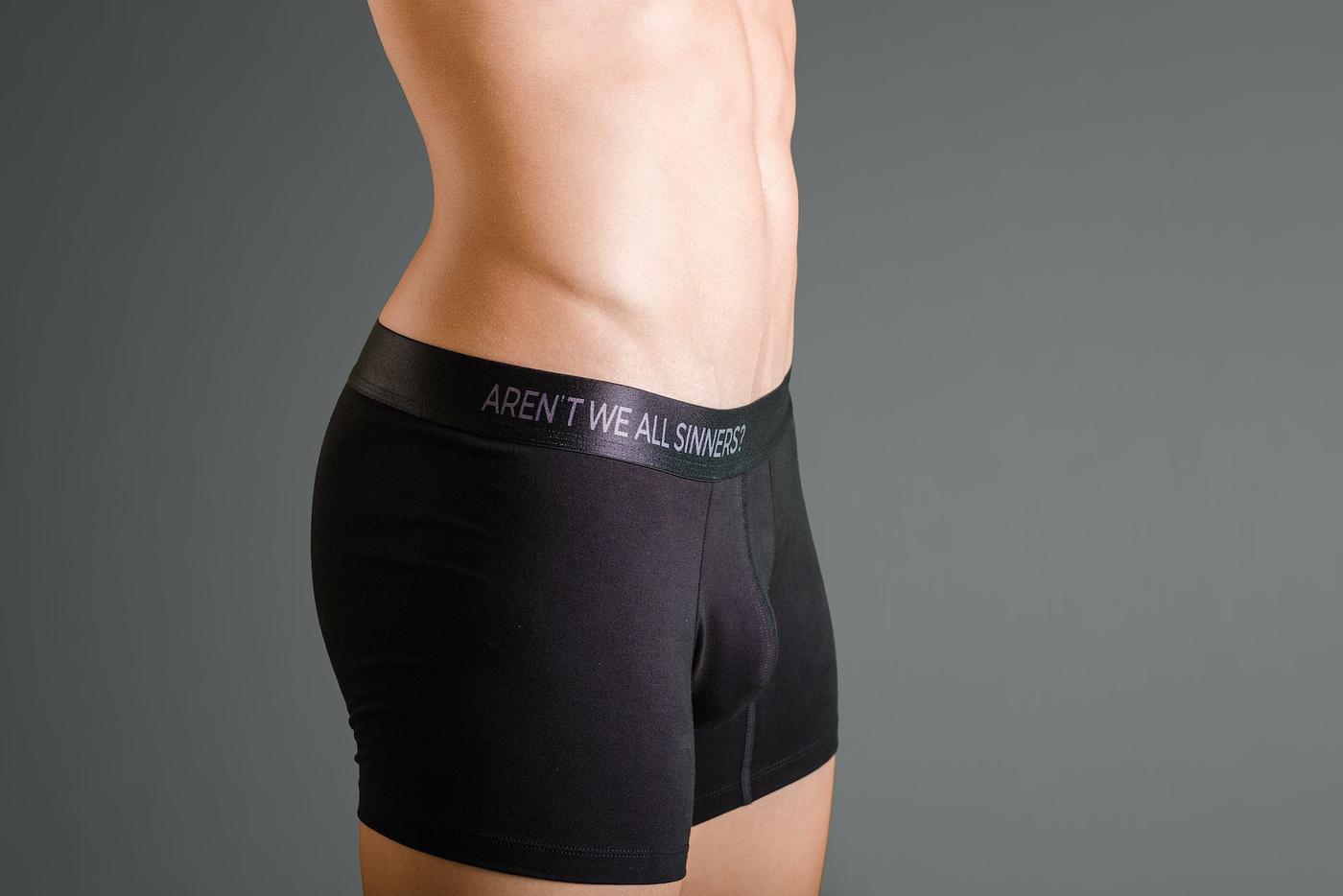 "AREN'T WE ALL SINNERS?" Black Cotton Trunk - Image 3