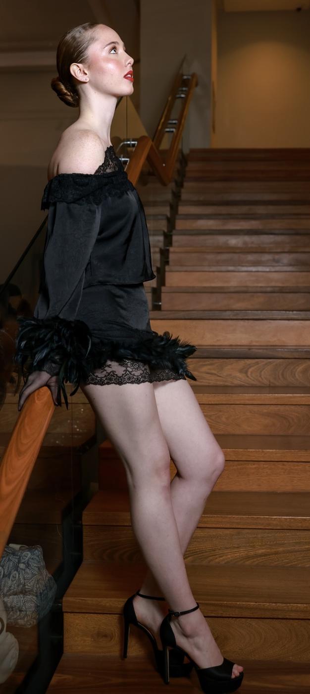 Noir Bardot Off Shoulder Feather Co-ord - Image 2