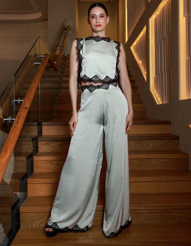 Odette Mint Satin & Black Chantilly Co-ord