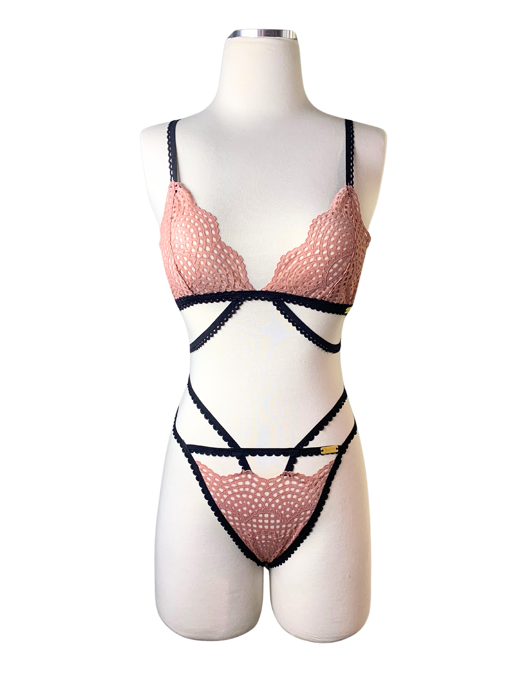 Color Block Salmon & Black Lingerie Set