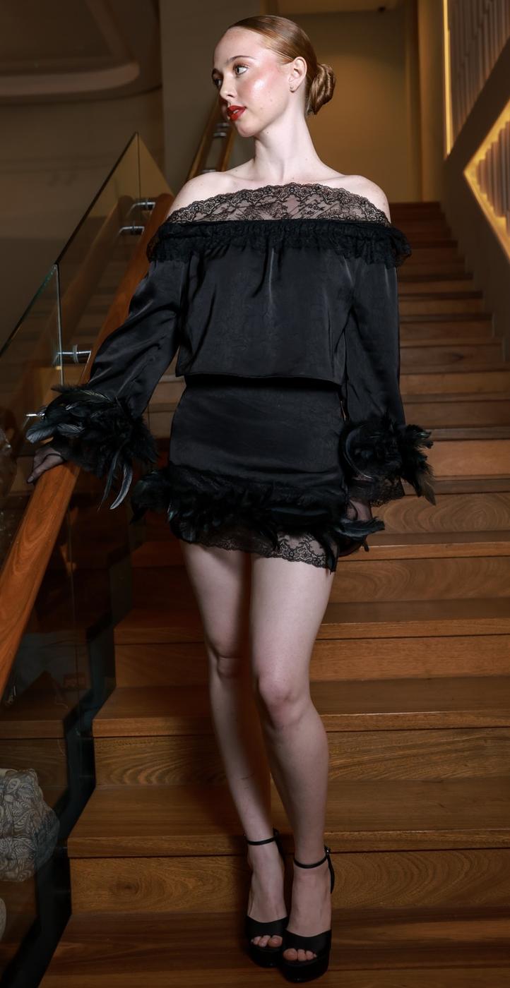 Noir Bardot Off Shoulder Feather Co-ord